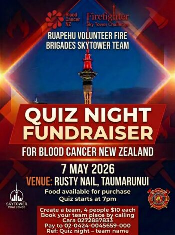 Poster for Ruapehu Volunteer Fire Brigades Sky Tower Team quiz night fundraiser for Blood Cancer New Zealand, 7 May 2026 at Rusty Nail Taumarunui, quiz starts 7pm, teams of four $10 each.